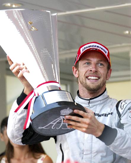 Jenson Button celebrates after winning the Monaco F1 Grand Prix