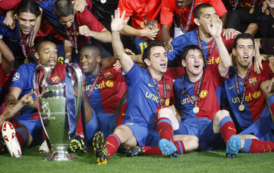 Barcelona players with the trophy