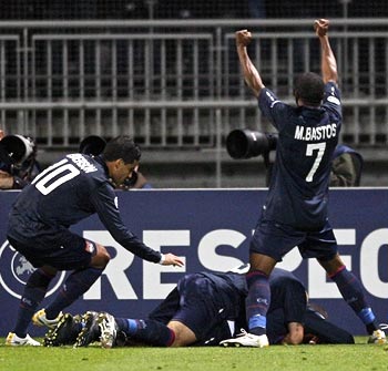 Lyon players celebrates after Lisandro Lopez scored the equaliser