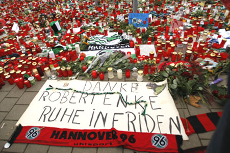 A banner reading 'Thank you Robert, rest in peace' is placed outside German club Hanover 96's stadium on Sunday