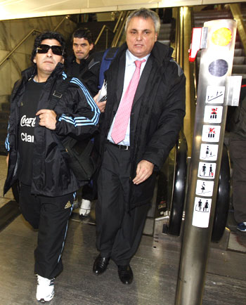 Maradona arrives at Zurich airport on Sunday