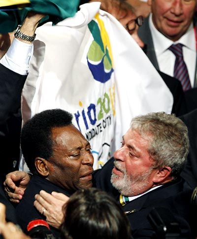 Lula and Pele embrace after Rio won the race to host the 2016 Olympics, October 2, 2009. Photograph: Reuters
