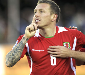 Wales's Craig Bellamy celebrates after scoring against Finland during their World Cup qualifier in Finland on Saturday