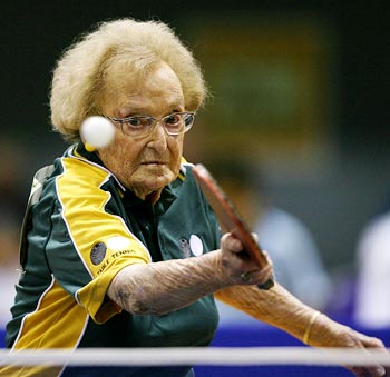 Dorothy De Low, 99, from Australia participates in table tennis practice at the World Masters Games