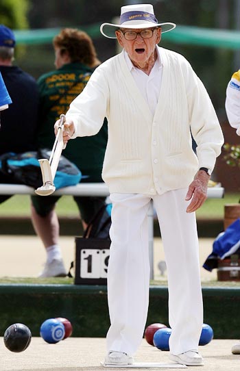 Reg Trewin, aged 101, from Australia competes in the Lawn Bowls mixed pairs