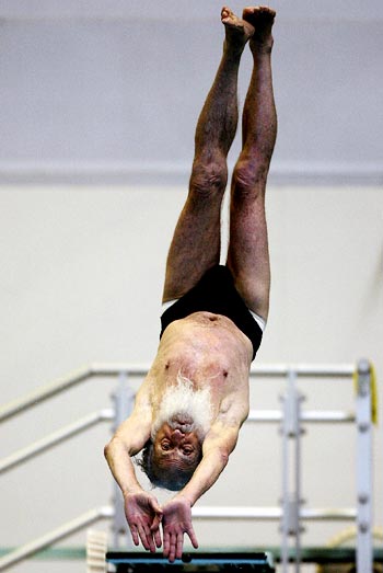 An 80-year-old competitor from Australia who goes by the name Santa Claus dives from the 1 metre springboard