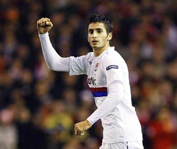 Olympique Lyon's Maxime Gonalons celebrates after scoring against Liverpool