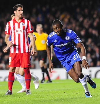 Salomom Kalou of Chelsea celebrates scoring during their Champions League soccer match against Atletico Madrid
