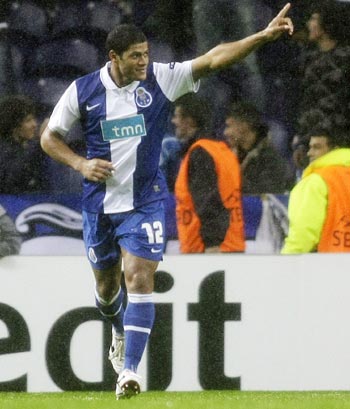 Porto's Hulk celebrates his second goal against Apoel Nicosia