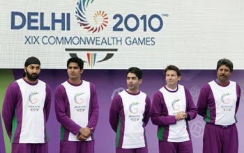 Athletes stand in the grounds of Buckingham Palace during the launch of the 2010 Commonwealth Games