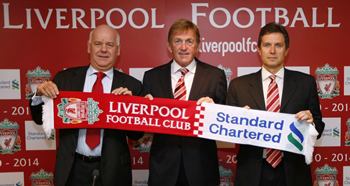 Standard Chartered's Bullock, Liverpool Football Club's Ambassador Dalglish and Managing Director Purslow 