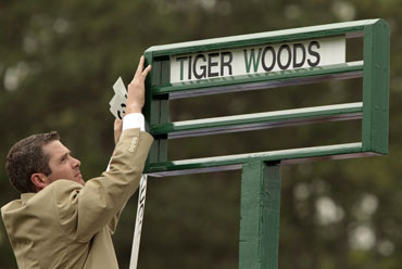 The name of Tiger Woods is posted on the first tee before he begins first round play at the Augusta Masters