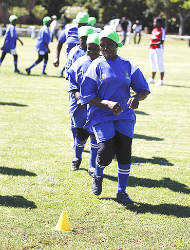 Members of Vakhegula Vakhegula (Grannies Grannies) Football Club go through the grind during a training session