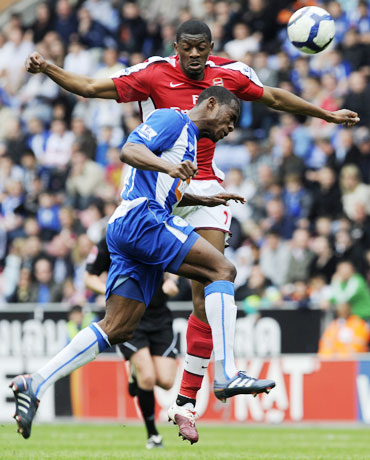 Wigan Athletic's Figueroa challenges Arsenal's Diarby during their match