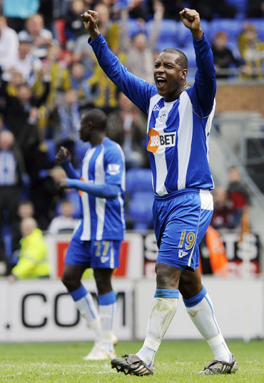 Wigan Athletic's Bramble reacts after scoring