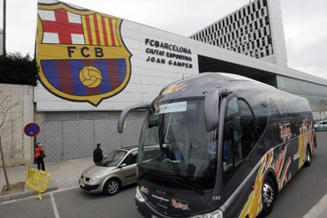 Barcelona's team leaves their training ground Ciutat Esportiva Joan Gamper in Barcelona