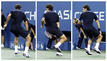 A combination photo shows Roger Federer playing between-the-legs shot for a winner
