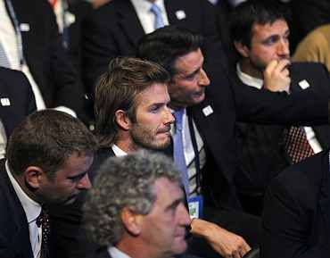 David Beckham and other members of England's bidding team react during the FIFA World Cup 2018 bid in Zurich