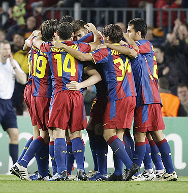 Barcelona's players celebrate Andreu Fontas' goal against Rubin Kazan