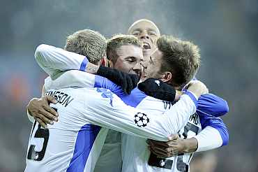 FC Copenhagen's players celebrate their victory over Panathinaikos during their Champions League Group D match at Parken stadium in Copenhagen