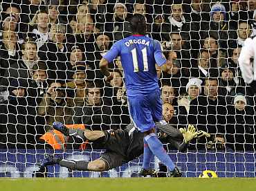 Chelsea's Dider Drogba misses a penalty against Tottenham Hotspurs
