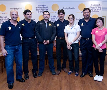 (Left to right): Viren Rasquinha, Prakash Padukone, Gagan Narang, Geet Sethi, Saina Nehwal, Niraj Bajaj and MC Mary Kom