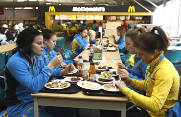 The Swedish women's hockey team have lunch at the athletes' village in Vancouver