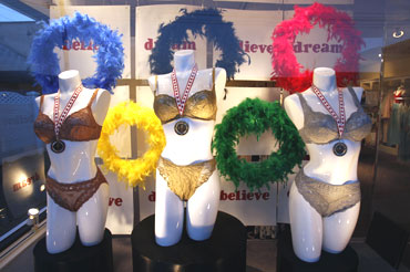 Mannequins are displayed with Olympic rings in a lingerie shop in Vancouver