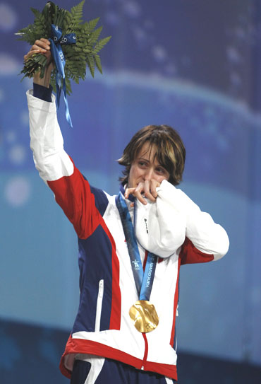 Gold medallist Martina Sablikova of the Czech Republic cries during the medal ceremony