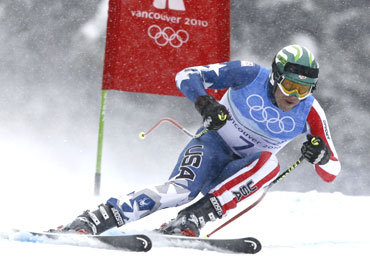 Bronze medallist Bode Miller in action during the alpine skiing downhill event