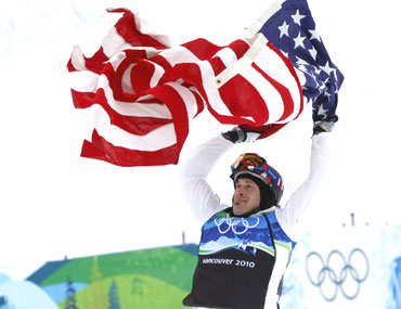 Seth Wescott of the US celebrates his gold medal-winning feat