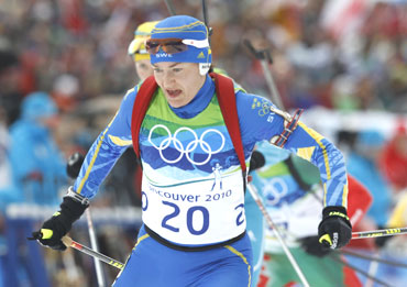 Sweden's Anna Carin Olofsson-Zidek skis during the women's 10 km pursuit biathlon final