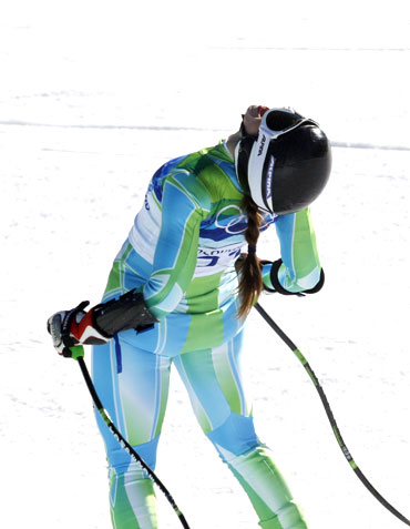 Slovenia's Tina Maze is elated after finishing the women's Alpine Skiing Super-G race