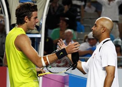Del Potro and James Blake at the conclusion of their five-set match