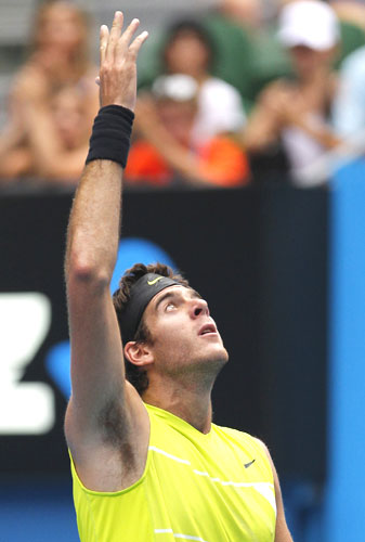 Argentina's Juan Martin Del Potro thanks his stars after beating Florian Mayer of Germany