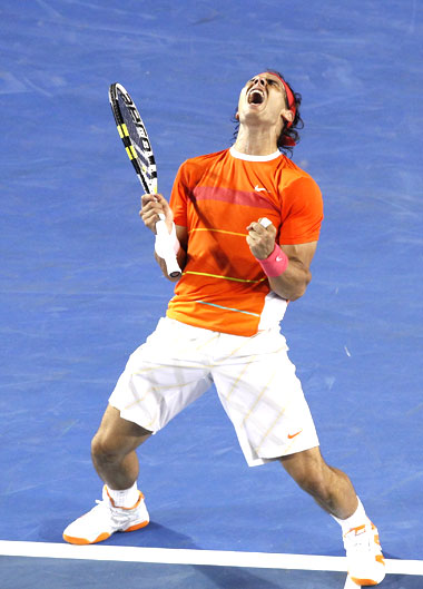 Rafael Nadal celebrates his win over Philipp Kohlschreiber of Germany
