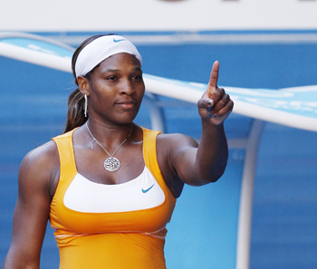 Serena Williams reacts after defeating Samantha Stosur