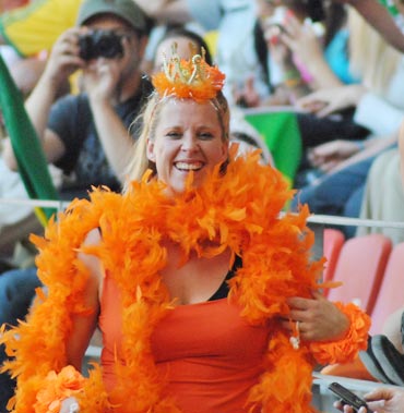 A Netherlands fan celebrates a goal