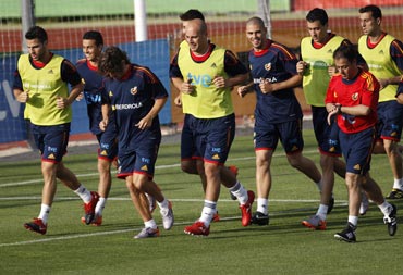 The Spain team during a practice session