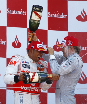 Hamilton and third placed Mercedes Formula One driver Nico Rosberg