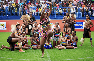 Traditional dancers perform during the opening of the Football for Hope festival 2010 in Alexandra, near Johannesburg