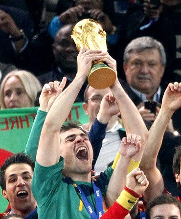 Spain captain Iker Casillas lifts the World Cup trophy