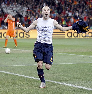 Andres Iniesta celebrates after scoring the World Cup winning goal