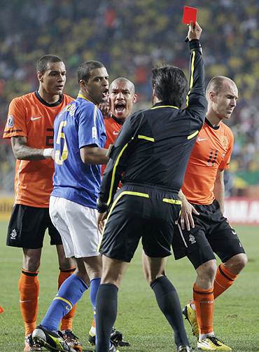 Felipe Melo shown the red card during the match against The Netherlands