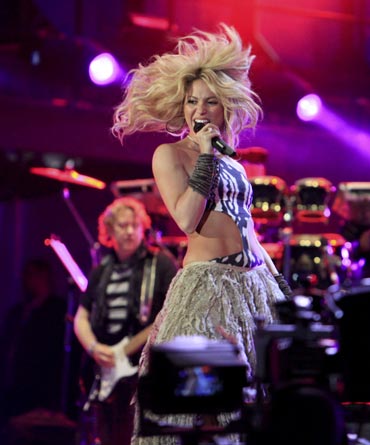 Shakira performs during the opening concert for the 2010 World Cup at the Orlando Stadium in Soweto