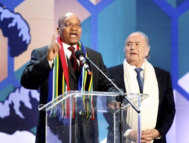 South Africa's President Jacob Zuma speaks during the opening concert for the 2010 World Cup