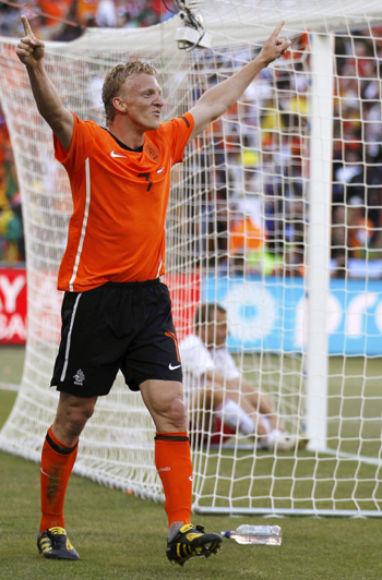 Netherlands' Dirk Kuyt celebrates scoring against Denmark