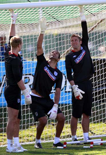 England's goalkeepers Joe Hart (left), David James (centre) and Robert Green during a training session