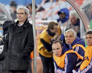 France coach Raymond Domenech looks on after the match