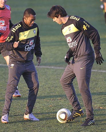 Brazil's Robinho (left) and Kaka at a training session